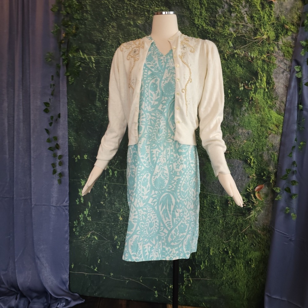 Vintage 1960's Cardigan Sweater Cream Beaded Susan Scott Originals Pinup - Picture 3 of 15